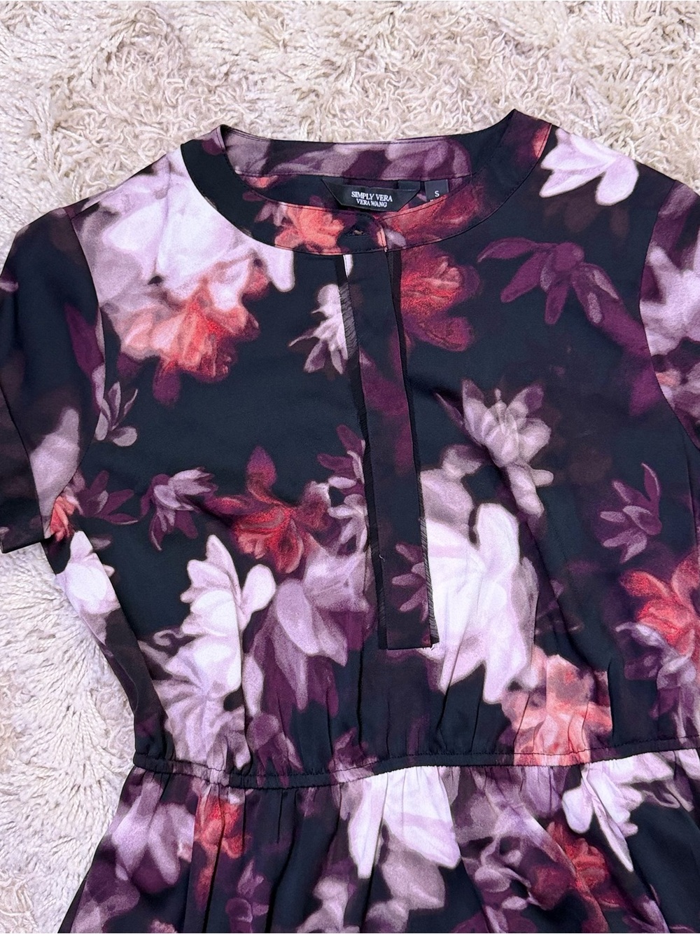 Simply Vera Vera Wang Floral High Low Midi Dress Small Short Sleeve Black - Picture 2 of 10